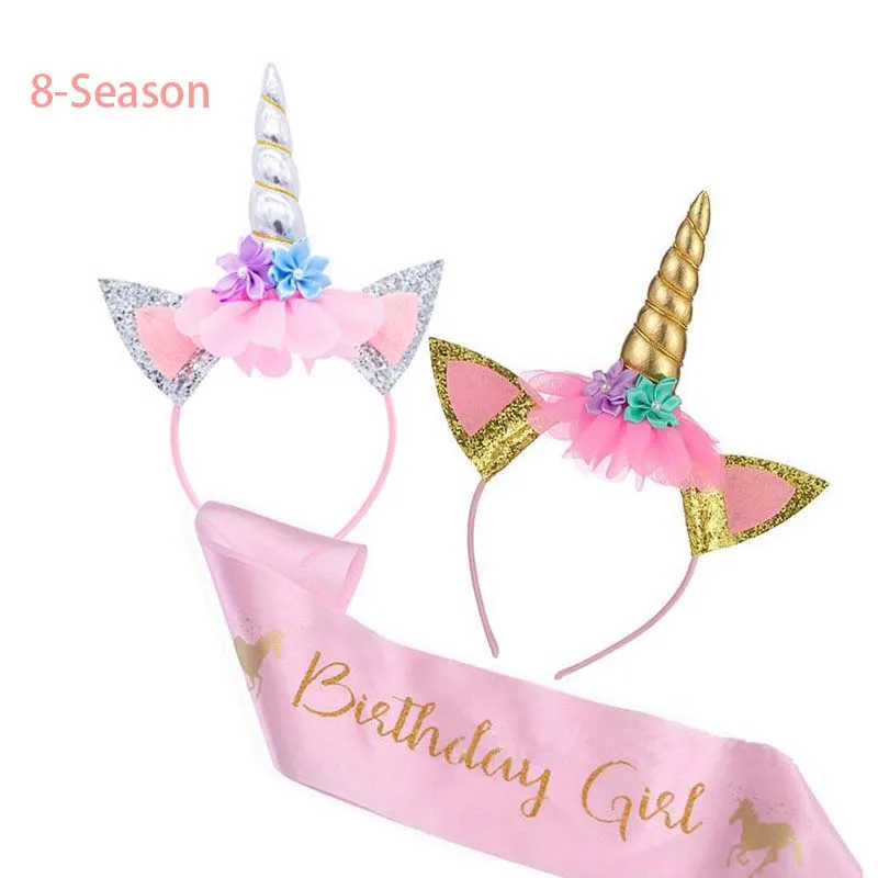 

8-Season Unicorn Headband Decor Birthday Girl Sash Satin Silk Sash 1st Birthday PartySupplies Rainbow Unicornio Party Headbands