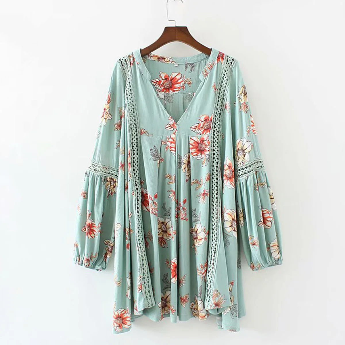 

V-Neck Flower Print Babydoll Swing Tunic Mini Dress Women Long Sleeve Hollow Lace Boho Casual Beach Dress Vestido