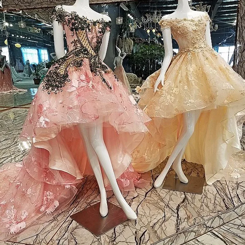 Short front long back evening dress 2018 lace up back appliques lace