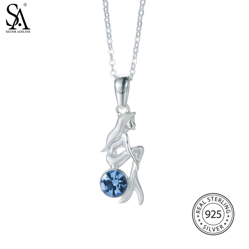 

SILVER AGELESS 925 Sterling Silver Blue Crystal Mermaid Charm Pendant Necklaces For Women Ladies Fine Jewelry Accessories