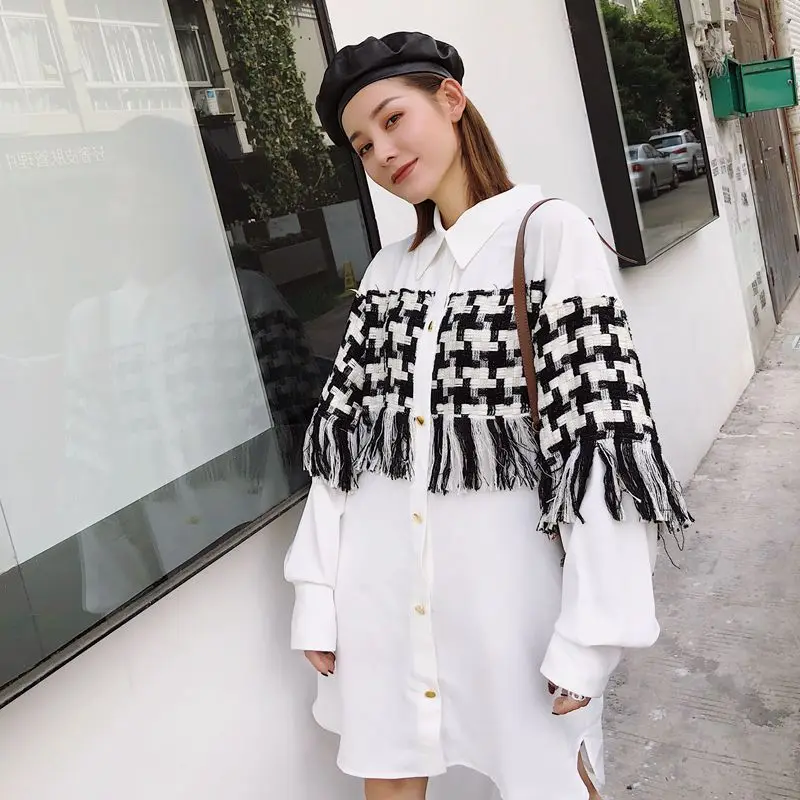 

2019 Korean Spring Elegant Women Dress Stitching dress Retro Style Dress Women Cotton Casual Solid Full Dress