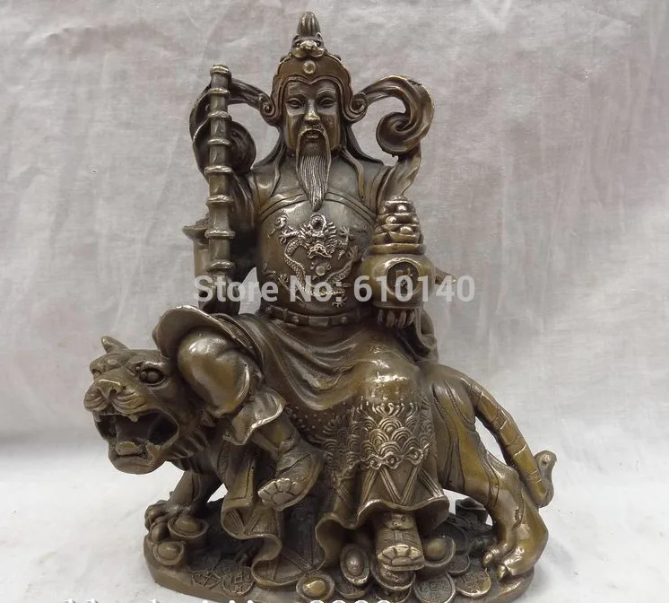 

9" China Bronze Dragon Head Wealth YuanBao Coin God Mammon Ride Tiger Statue