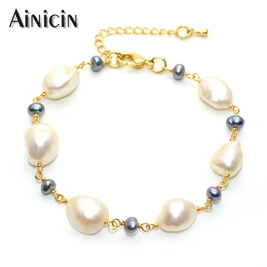 

Natural Freshwater Pearl Handmade Link Chain Bracelets Adjustable Bangle for Fashion Women Party Jewelry Gift