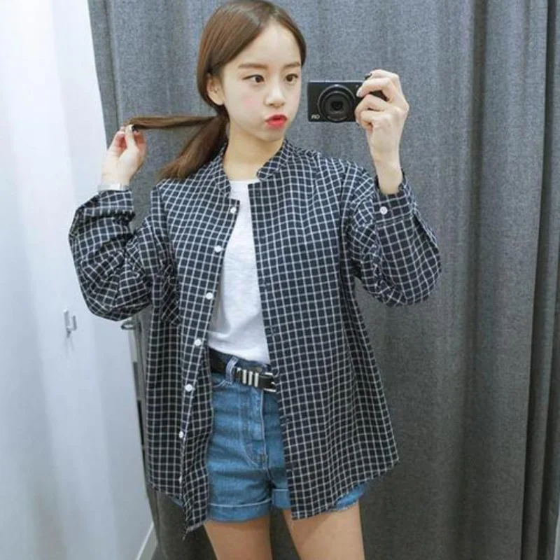 Plaid Shirts Lace up Shirt  2018 Spring Long Sleeve Blouses Shirt Office Lady Cotton Tunic Casual Tops Plus Size Blusas