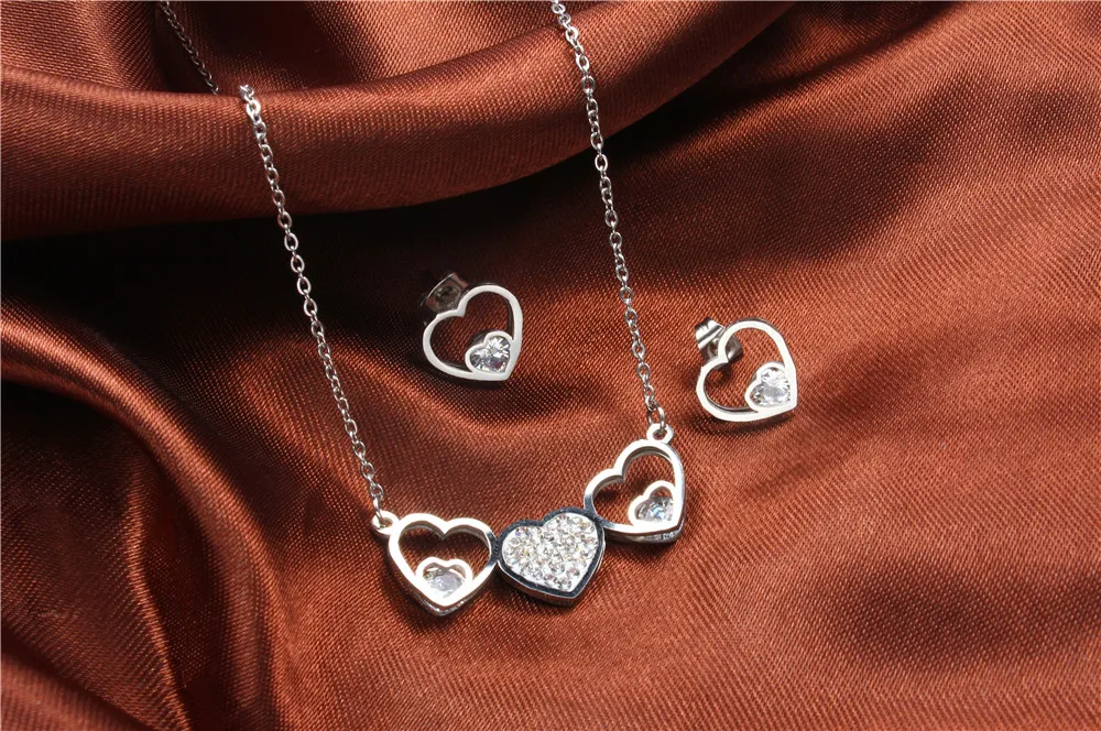 XUANHUA Stainless Steel Heart Necklace And Earrings Jewelry Sets With Stones 2018 For Women Jewellery Fashion Necklace Gift Set