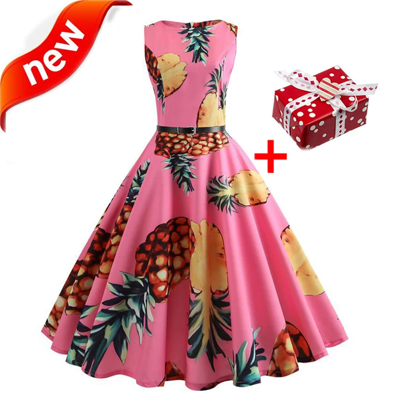 

Dresses Summer Dress 2018 Women Plus Size XXL Casual Vintage Sundress Tunic Fruit Pineapple Pink Print Elegant Midi Party Dress