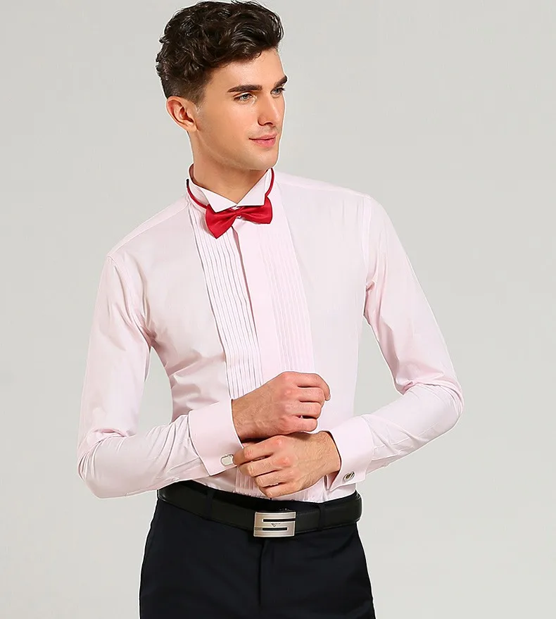 Французские запонки, Свадебные/вечерние рубашки, мужские смокинги, одноцветная рубашка с длинным рукавом, Облегающая белая импортная одежда Chemise Homme