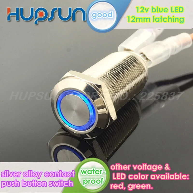

5pc waterproof flat round blue LED 12v 12mm metal self-latching lock push button switch latching