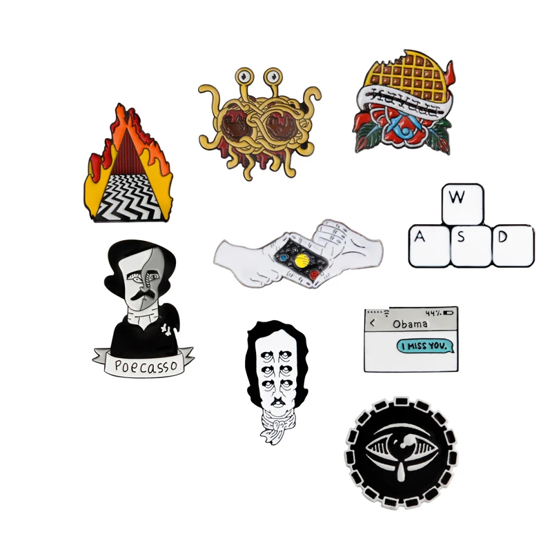 

Brooch And Pin Waffles Flying Spaghetti Monster Edgar Allan Poe Keyboard Shooting Gesture Text Message Enamel Pins Badges