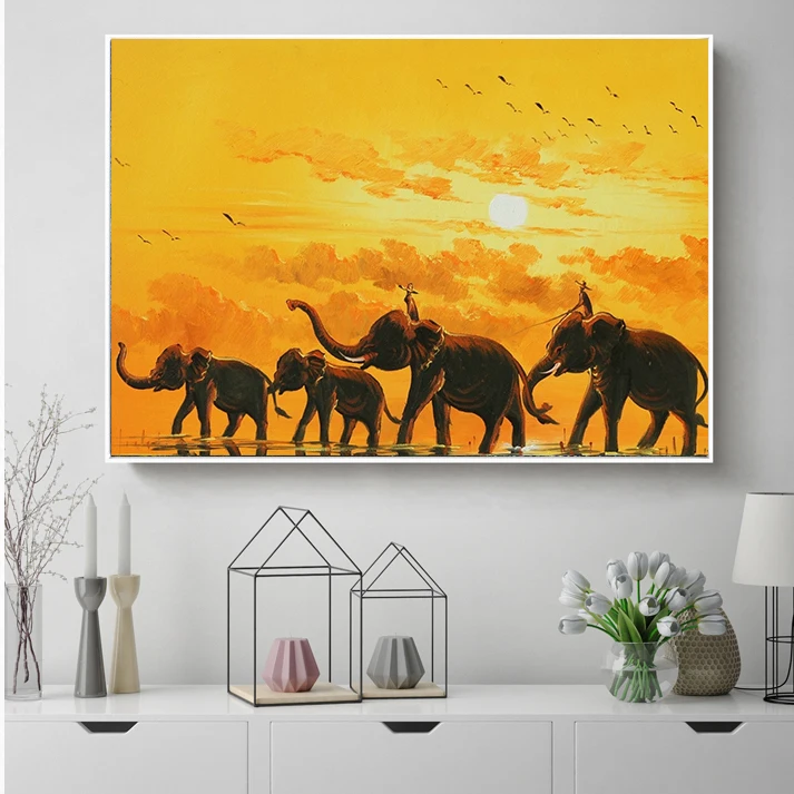 5 Panel Framed B&W Herd of Migrating Elephants Modern Wall Art Canvas HD Print