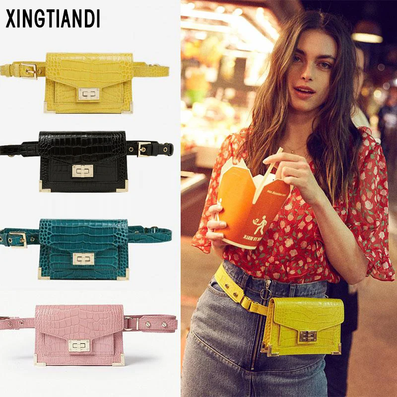 

Ladies Waist Bag Crocodile Belt Handbag PU Leather Vintage Strap Chain Bags For Women 2019 Fashion
