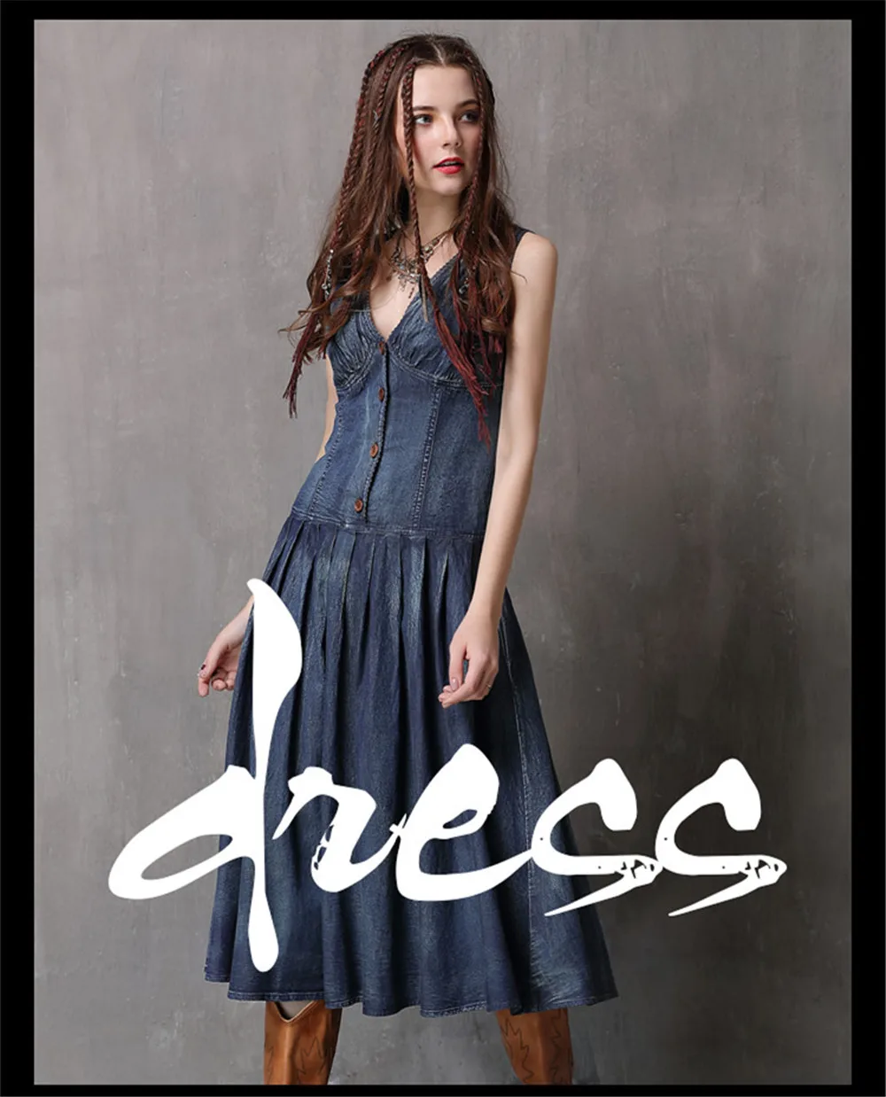 Vintage Summer Deep V-Neck Dress 2018 Boho New Denim Women Dresses Sleeveless A-line Swing Hem Sundresses Vestidos Femininas (1)