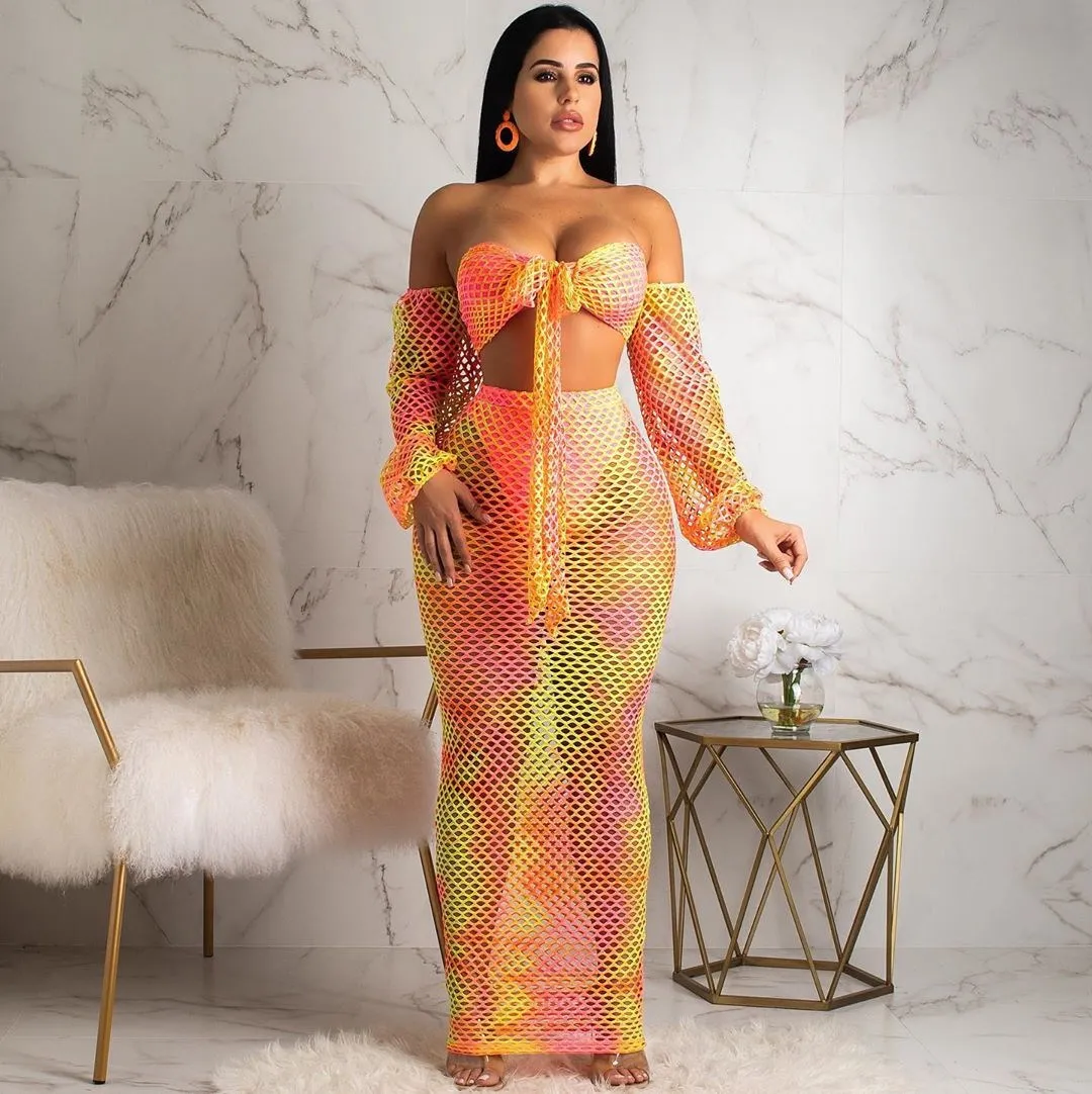 

2019 Summer Sexy Mesh Beach Fishnet Long Skirt 2 Piece Set Casual Women Off Shoulder Crop Top+Skirt Hollow Out Two Piece Outfits