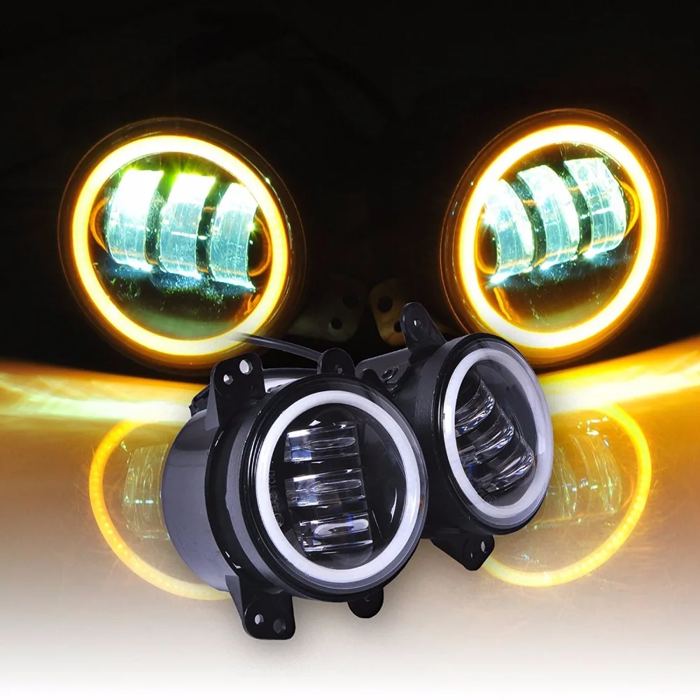 4 Inch Led Fog Lights Yellow Amber Halo Ring DRL For Jeep Wrangler 97