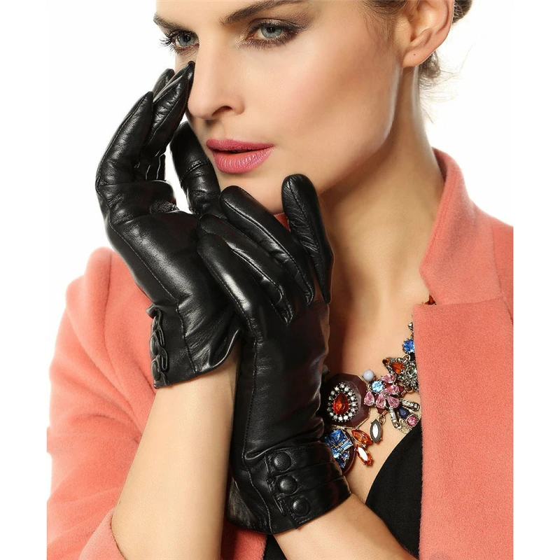 Fashion Autumn Winter Women's Genuine Leather Gloves Female 2019 New Brand Warm Velvet Black Gloves Goatskin Mittens L003NC