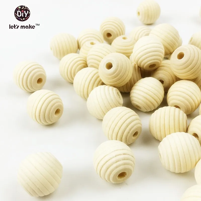 

Let's Make Wood Teether Beads 50PCS 18mm Unfinished Non-toxic Natural Wooden Beads Screw Thread Carved Ball Shaped Bead