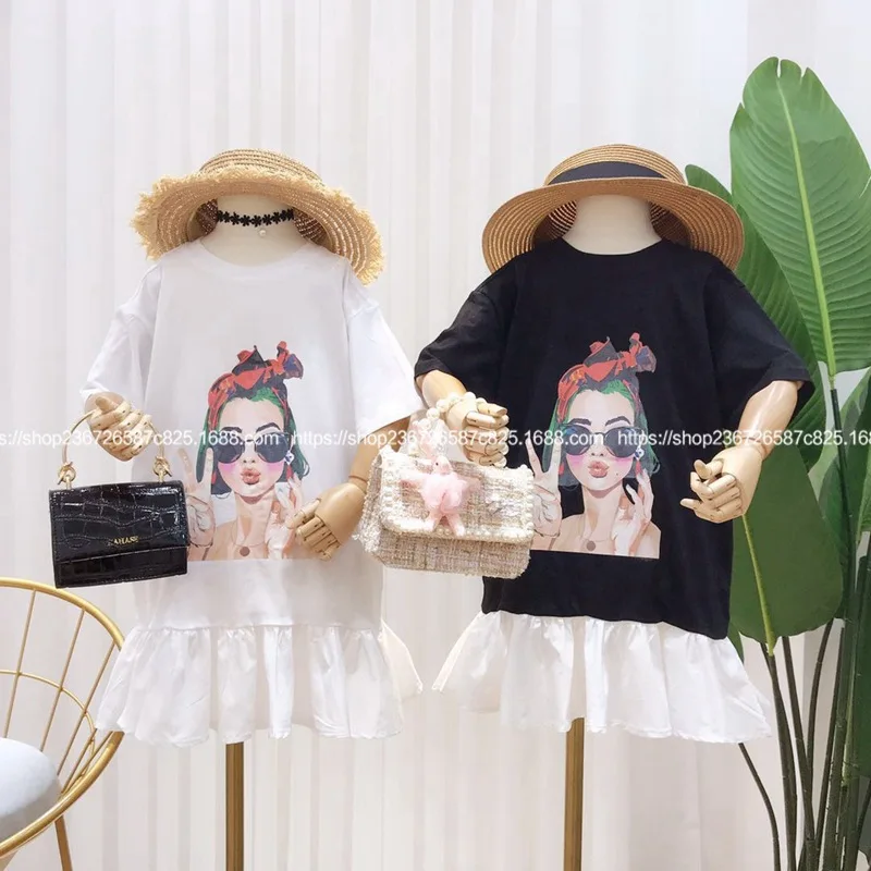

2019 summer new girls wear loose thin letters characters pattern long T-shirt dress parent-child clothes