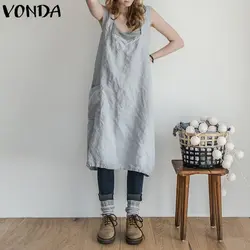 Для женщин Хлопковое платье 2018 Лето VONDA плюс Размеры Vestidos фартук Повседневное свободные квадратный воротник рукавов карманы однотонная
