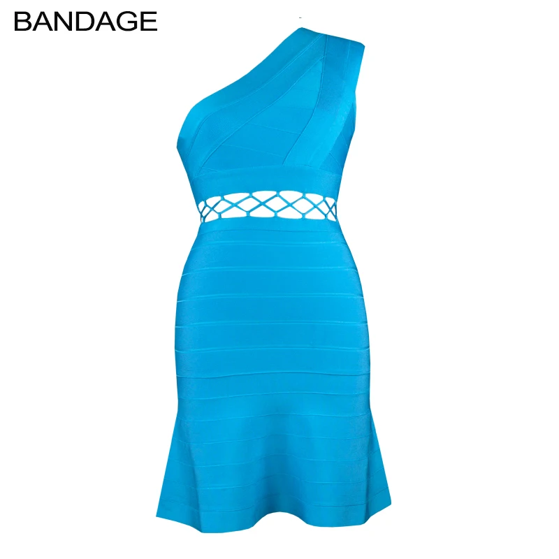 LEGER BABE hl 2019 Summer One Shoulder Blue Bandage Dress Mermaid Mini Dresses Cutout Waist Cocktail Vestidos Sexy Fashion Nova