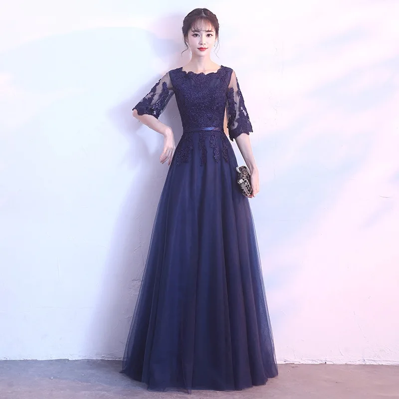 

Navy Blue Lace Oriental Style Banquet Dresses Chinese Vintage Wedding Cheongsam Elegant Long Evening Party GownsSize XS - XXL