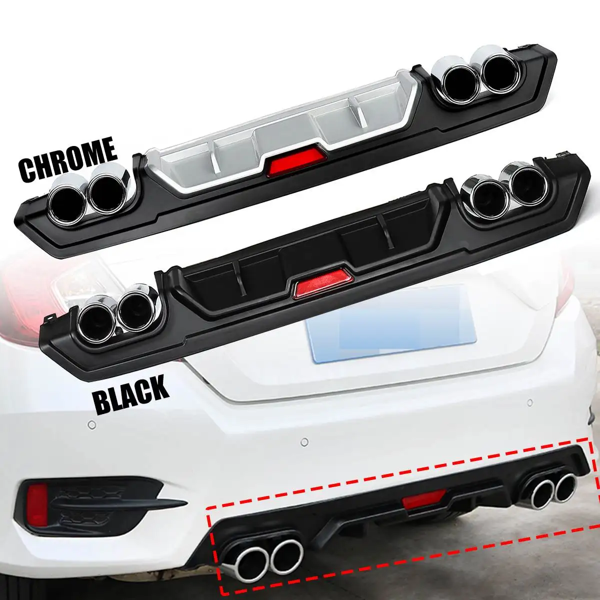 

Rear Bumper Upper Molding Trim Cover with Dual Exhaust Tip Outlet Pipe Decor For Honda For Civic 10th Sedan 4 Door 2016-2018