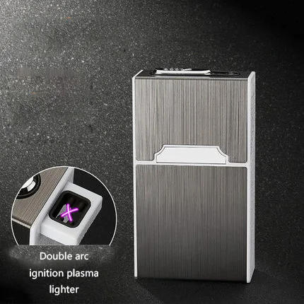 

Hold 20pcs Brushed Metal Cigarettes Case with Lighter Double arc Plasma Lighter USB Changing Cigarette Accessories Business Gift
