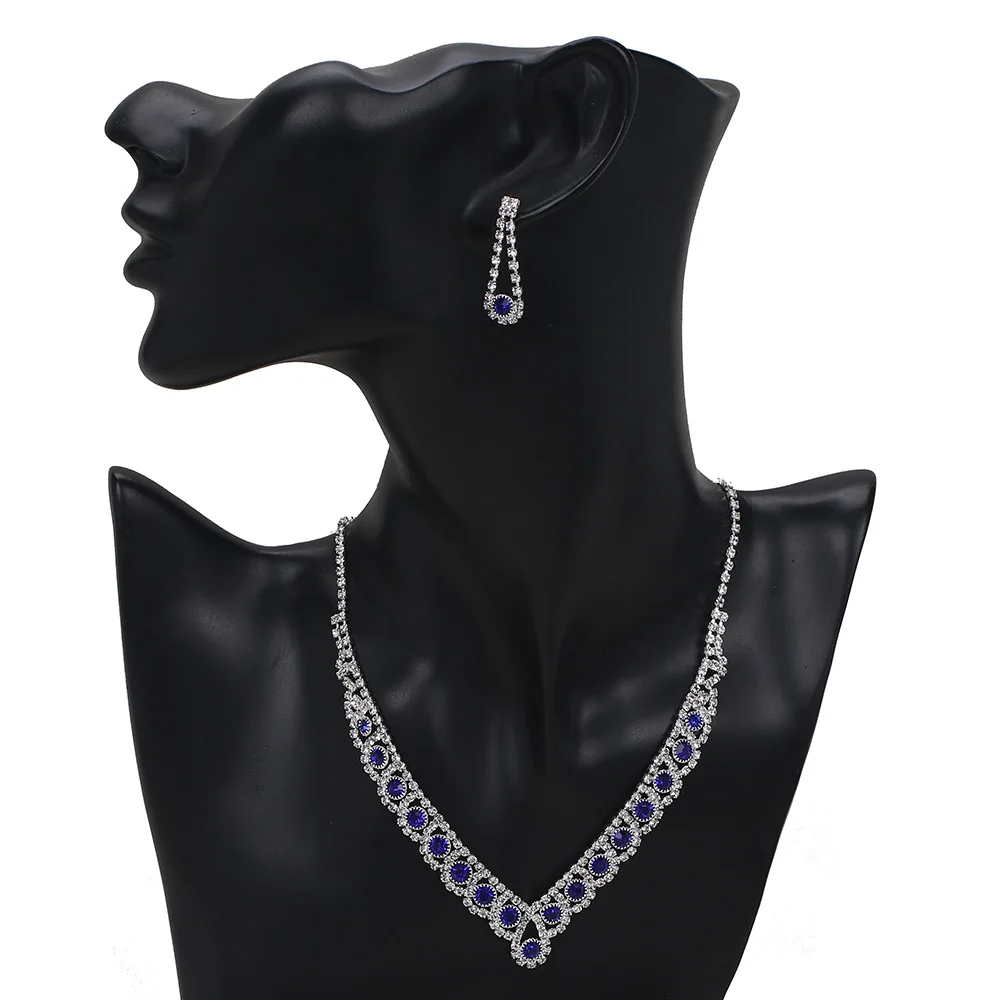 TREAZY Royal Blue Crystal Bridal Jewelry Sets Silver Plated Rhinestone Necklace Earrings Set for Women Prom Wedding Jewelry Sets