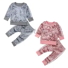 Осенний детский бархатный топ с длинными рукавами, блузка+ длинные штаны, комплект одежды