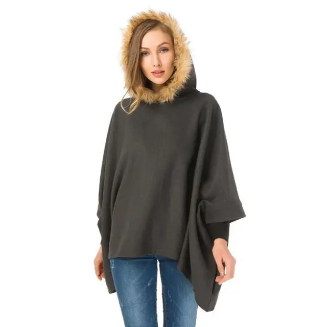 Reviews Women Batwing Cloak Coat Winter Warm Big Fur Collar Solid Casual Pullover Hooded Coat