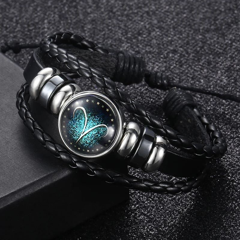 Мужской кожаный браслет Davieslee 12, из нержавеющей стали, с бисером, Овен, весы, Зодиак, браслет, мужские ювелирные изделия, подарки DLBM137