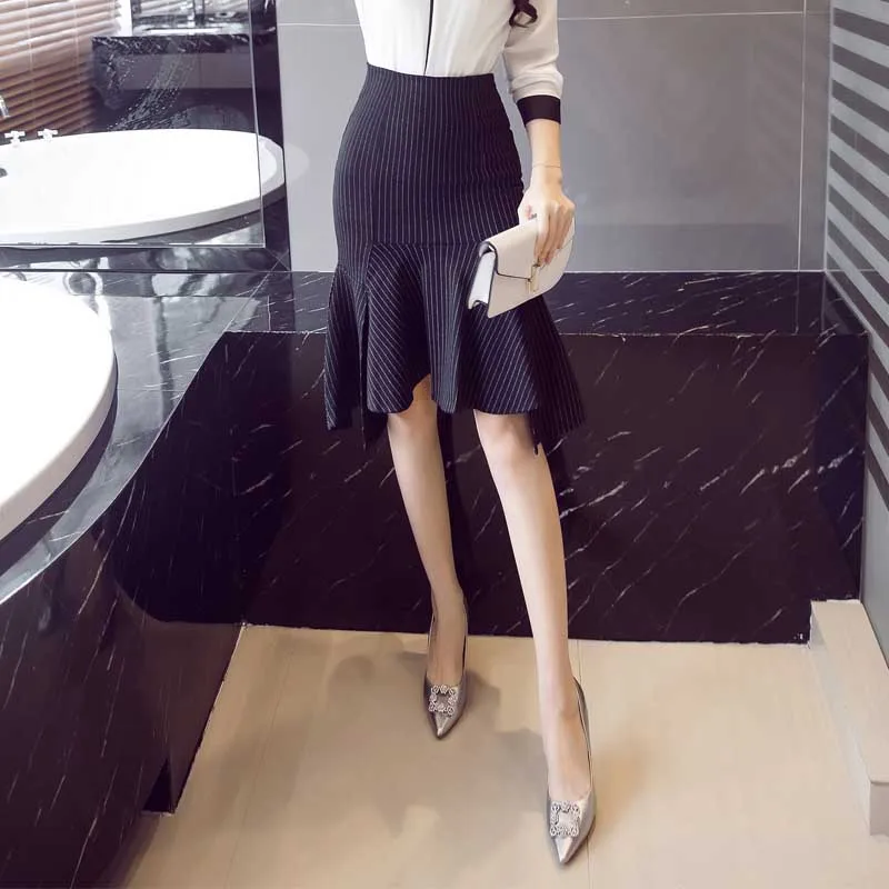 Новая полосатая модная женская юбка с оборками, высокая эластичная талия, тонкая сексуальная Офисная Женская юбка-карандаш средней длины 5XL