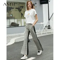 Amii минималистский лоскутное плед брюки для девочек женские 2019 повседневные Свободные Высокая талия панелями Молния Fly женские брюки с