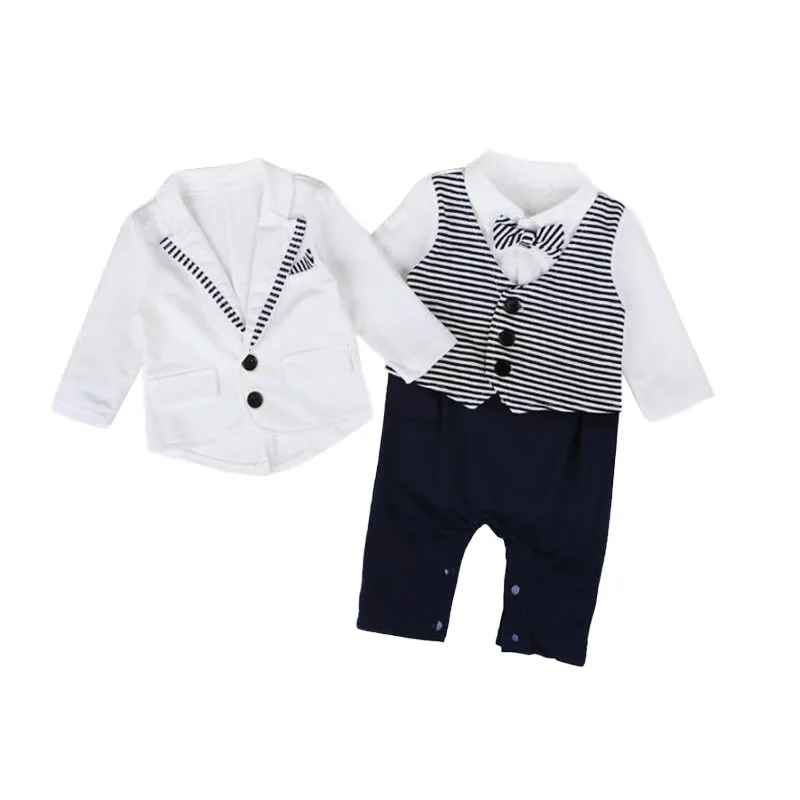Комплект одежды для новорожденных джентльменов из 2 предметов, комбинезон в полоску с длинными рукавами+ куртка, костюм одежда для малышей Одежда для маленьких мальчиков хлопковые футболки, костюм