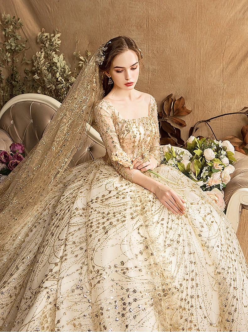 Роскошное Свадебное платье золотистого блестящего бисера с кристаллами размера плюс, свадебное платье с длинным шлейфом в Дубае, арабское мусульманское свадебное платье, свадебное платье