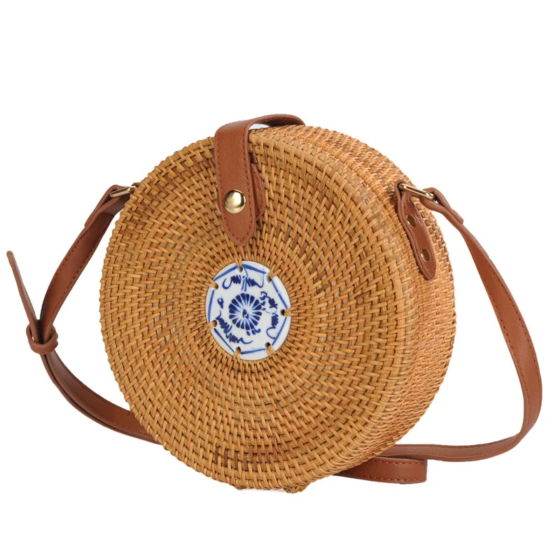 

Dropshipping 2018 Women Summer Handmade Rattan Woven Round Crossbody Bag Vintage Retro Blue and white tiles Beach Shoulder Bag