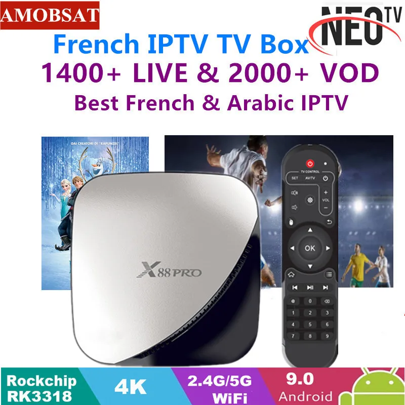

X88 pro Android 9.0 TV Box 4G 64G+1 Year NEO pro French IPTV Subscription 4K HDR Set Top Box USB 3.0 Support 3D Movie Ott TV Box