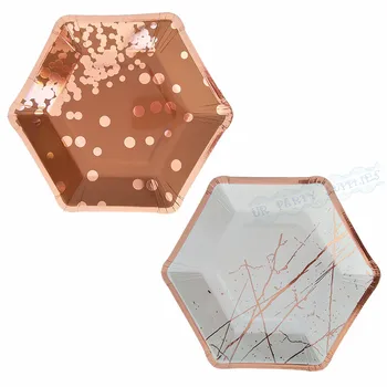 

32pcs/lot Rose Gold Solid Dot Brush Stroke Paper Plates Dishes Plates Wedding Birthday Decor Festival Tableware Party Supplies