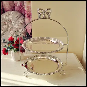 

European silver plated double cake plate afternoon tea pastry snack plate baking paper cup cake plate wrought iron fruit plate