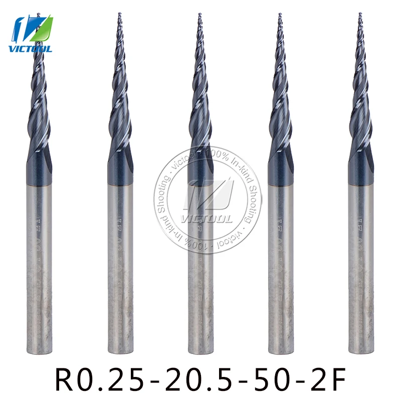 Discounts Prices 5pcs/lot R0.25*D4*20.5*50L*2F HRC55 Tungsten solid carbide Coated Tapered Taper Ball Nose End Mill cone type cnc milling cutter