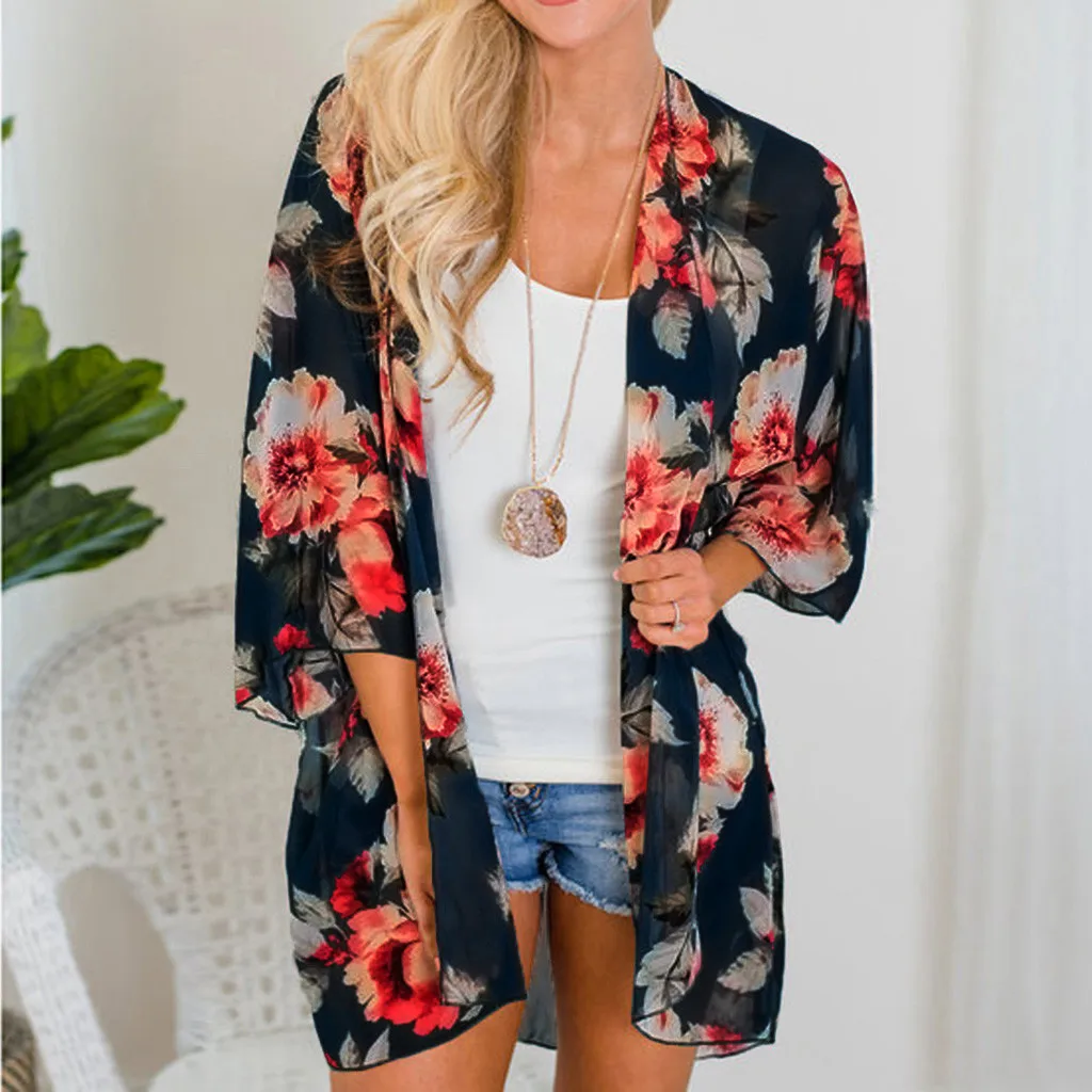 

2019 Women Clothing Women Summer Beach Floral Chiffon Kimono Blouse Female Sun Protection Cover Ups Smock Blusa Feminina
