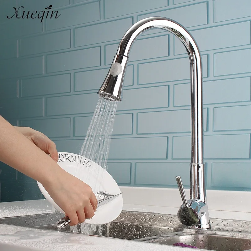 

Xueqin Brass 360Rotation Spout Pull Out Kitchen Sink Water Faucet Mixer Tap Sprayer Chrome Polished Single Cold Basin Faucets