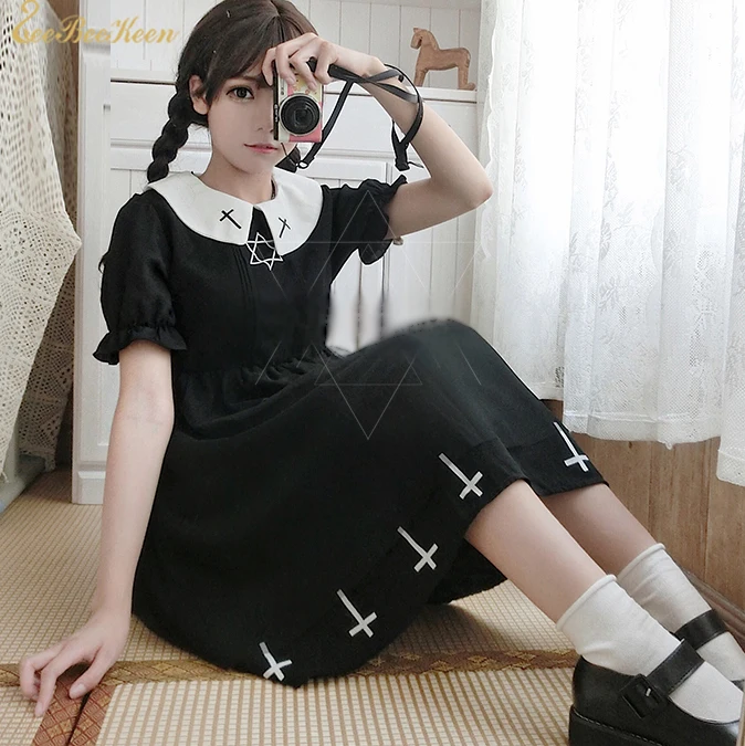 

Long/short sleeve Black Dress Women Cute Girl Costume Cross Hexagonal Star Mesh Dress for Adult Cosplay costume Anime cosplay