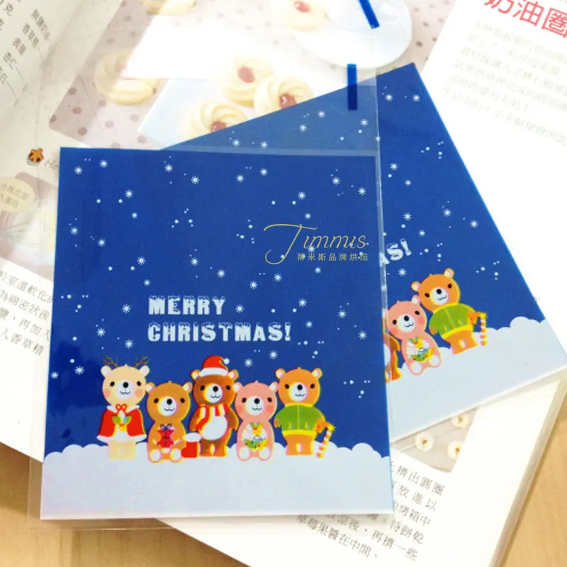 

100 pcs/lot Blue Christmas bear adhesive bag cookies diy Gift Bags for Christmas Party Candy Food&Handmade soap Packaging bags
