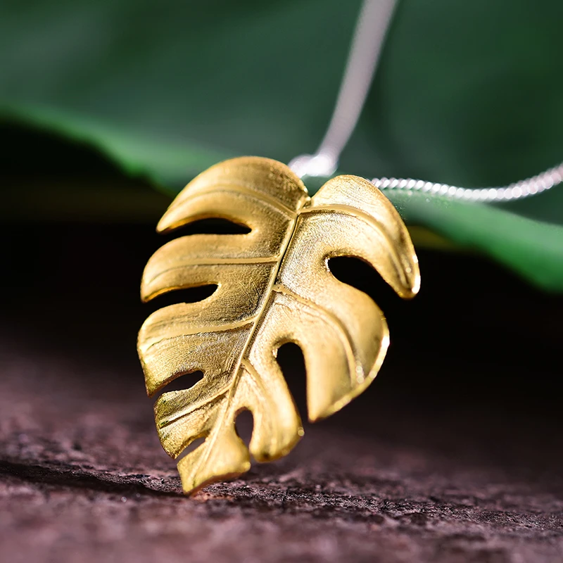 Lotus Fun Real 925 Sterling Silver Handmade Fine Jewelry Creative Monstera Leaves Design Pendant without Necklace for Women