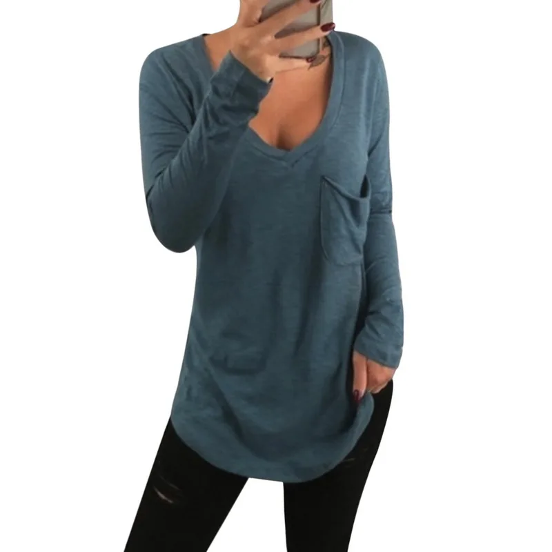 SHUJIN летние женские базовые хлопковые футболки весенние с длинным рукавом и v-образным вырезом повседневные Длинные Топы футболки для девушек сексуальные футболки размера плюс - Цвет: Gray Blue