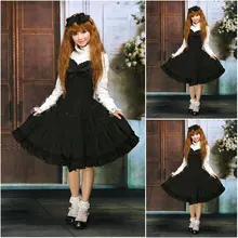 Freeshipping! V-1025 Black Cotton knielanges langen ärmeln Gothic Lolita Kleid schuluniform Cosplay Cocktailkleid Alle größe