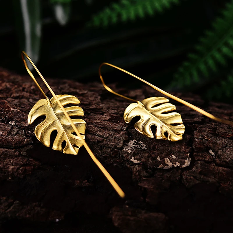Lotus Fun Real 925 Sterling Silver Handmade Fine Jewelry Creative Monstera Leaves Design Dangle Earrings for Women Bijoux