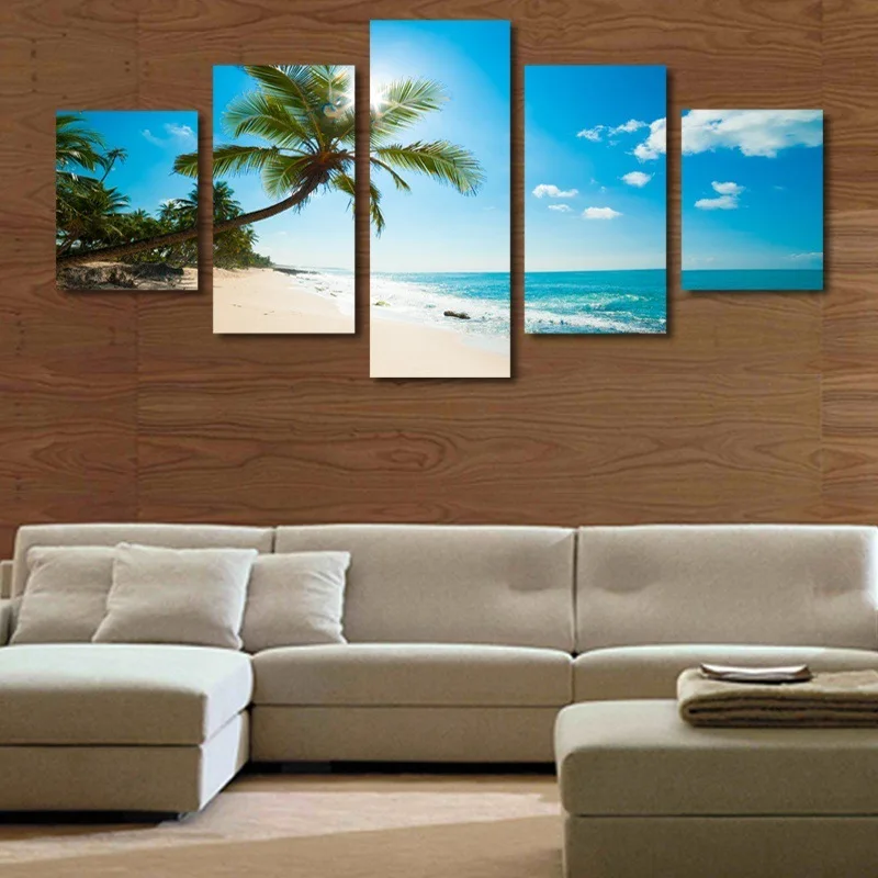 Blue Seascape Oil Painting On Canvas 5 Piece Art Large Printing Coconut Trees Frameless HD Pictures Wall Decoration |
