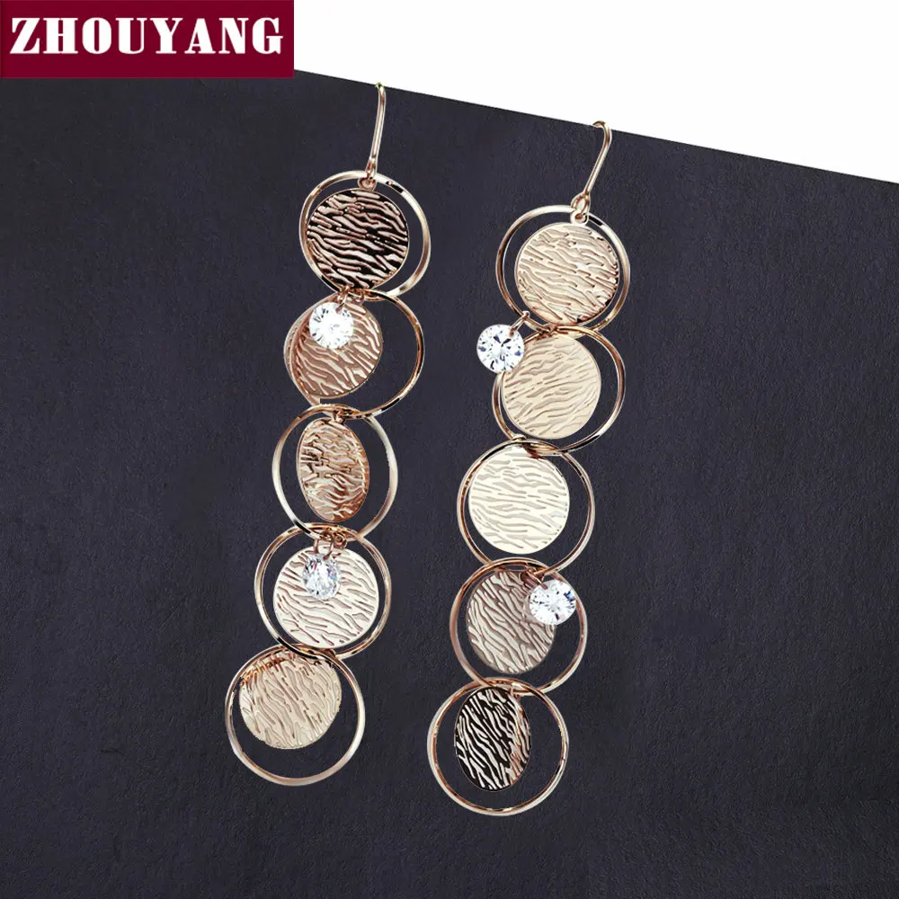 

ZHOUYANG Long Earrings For Women CZ Crystal Round Moire Champagne Gold Color Party Fashion Jewelry Drop Earrings Gift E737