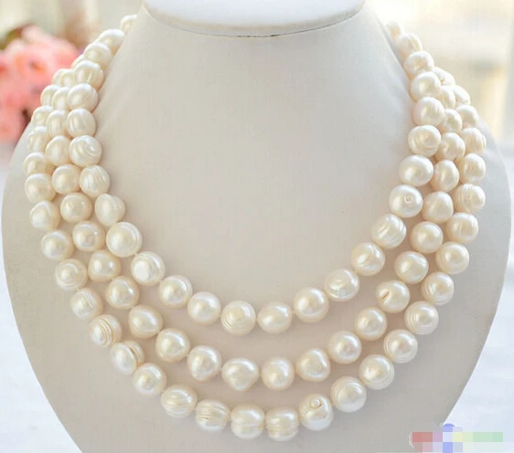 

HOT## Wholesale FREE SHIPPING >>> P4777 3row 19" 12mm almost round white screw thread freshwater pearl necklace